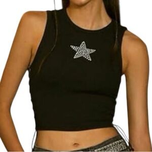 Black Goth Star Embellished Women's Lace Up Side Tank Top M